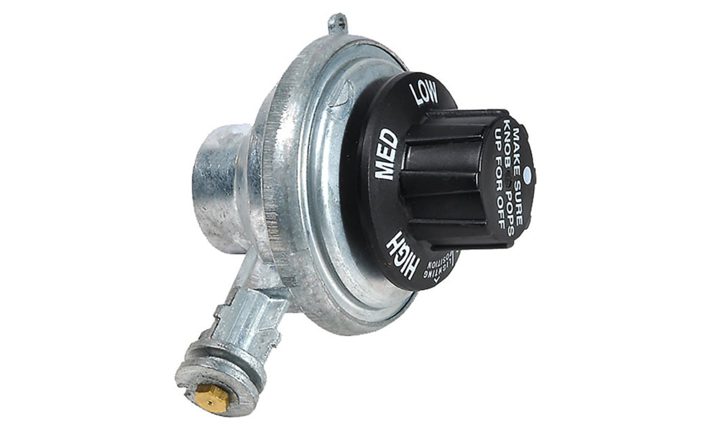 Mr Heater Steel Portable Tabletop Propane Gas Regulator. Portable propane tabletop regulator can be used with most tabletop grills. 1 In. x 20 (threads per inch) female throwaway cylinder thread inlet x orifice outlet. Brass nipple to open safety valve in male throwaway cylinders. Rubber gasket for sealing. Zinc, plastic, and brass construction.