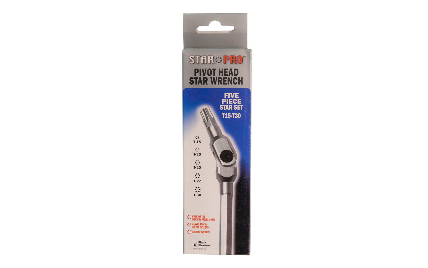 Bondhus Pivot Head Star Wrench - T15, T-20, T-25, T-27, T-30 sizes in set. 855782000195.
