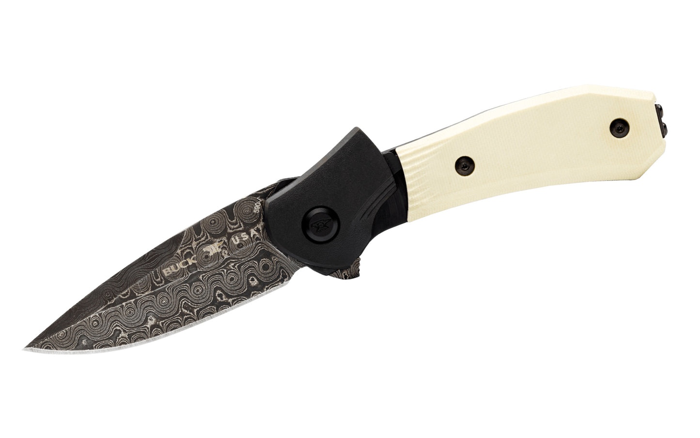 Buck Knives 590 Paradigm Folding Knife with Damascus Steel. Blade has raindrop pattern Damascus steel. 3" long blade. "Ivory G10" handle with DLC coated bolsters. Model 0590IVSLE-B. Pocket clip attached. Made in USA.