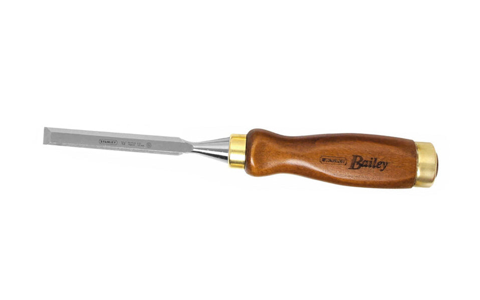 Made in England - 1/2" Bailey Wood Chisel. Hardened, tempered high-chrome carbon alloy steel blade for edge retention ~ High-carbon chrome steel blade ~ European Beech wood. Quality English Chisel. 1/2" (12 mm) size.