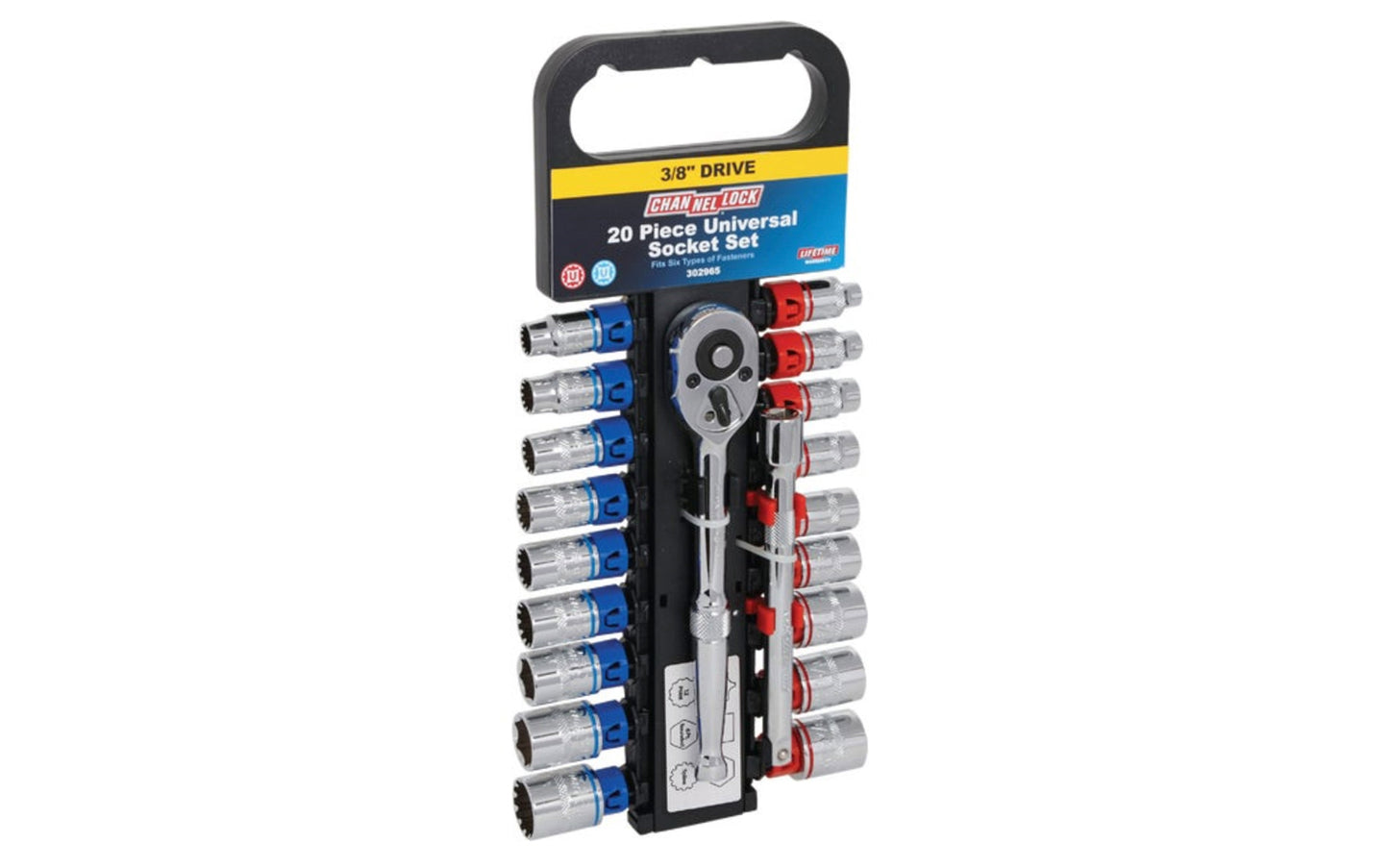 Channellock 20 PC 3/8" DR Universal Socket Set. Universal socket set. Use with E-Torx, Square, 6 Point, 12 Point, 6 Point Rounded, and Spline fasteners. Model 302965. 009326332901. 20 piece channelock ratchet socket set.
