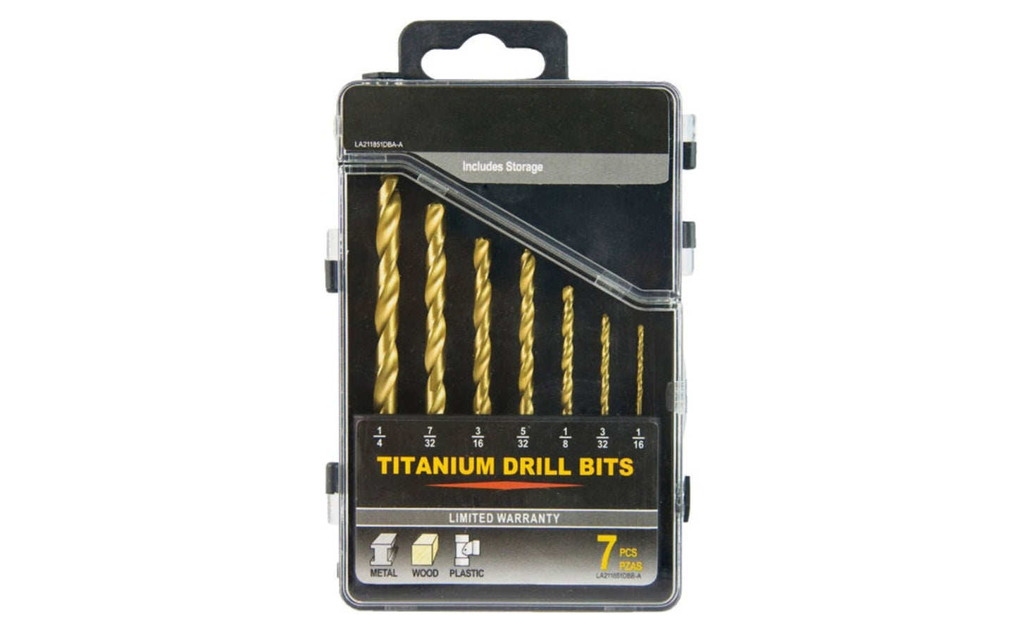 A basic & economy 7-PC Titanium Drill Bit Set. Sizes in set: 1/16", 3/32", 1/8", 5/32", 3/16", 7/32", 1/4". Use for wood, plastic, & metal. 7 piece set. Includes plastic case. 7-pc twist drill bit set.