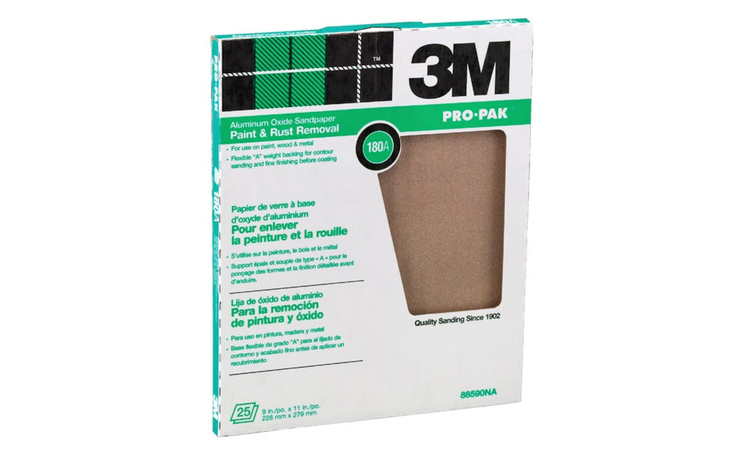 3M Aluminum Oxide Sandpaper 180 Grit - 25 Sheets. All-purpose aluminum oxide abrasive for home & shop use. Open coated sheets for wood and metal sanding. 3M Model 88590NA. Made in Canada.