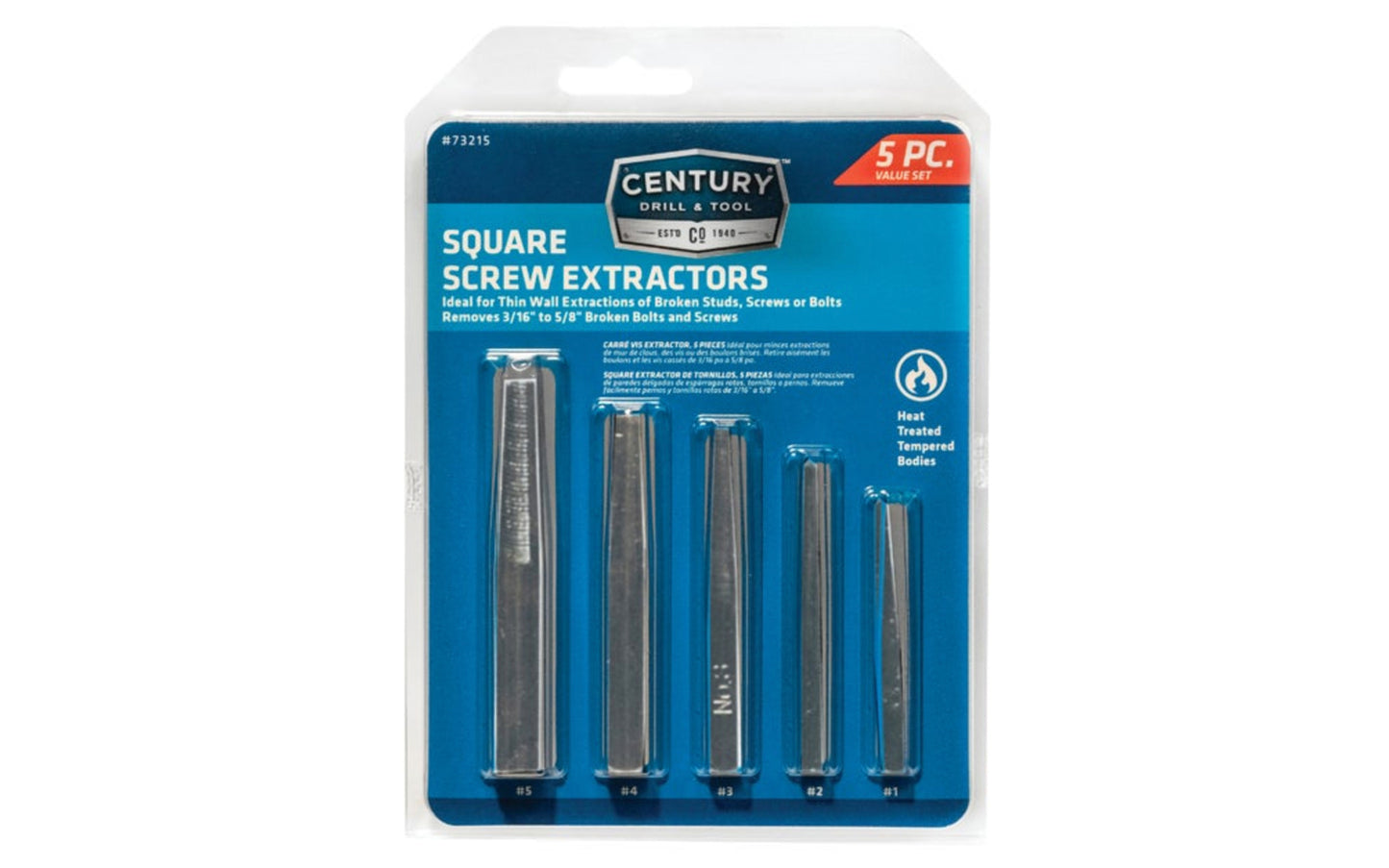 Straight Flute Screw Extractor - 5 PC Set. A Straight Flute Screw Extractor made by Century Drill & Tool. Remove broken bolts & screws with these square shaft extractors. Ideal for thin wall extractions. Includes #1, #2, #3, #4, & #5 sizes.