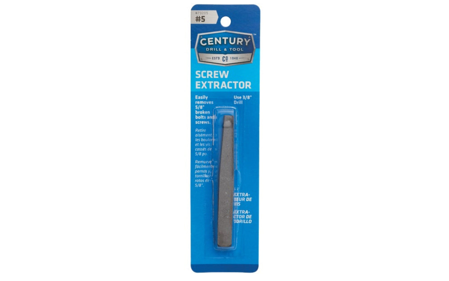 A Straight Flute Screw Extractor made by Century Drill & Tool. Remove broken bolts & screws with these square shaft extractors. Ideal for thin wall extractions. #5 size.