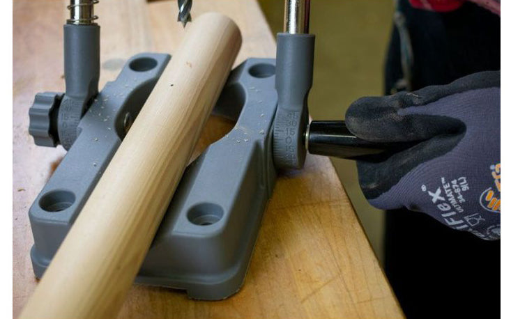 General Tools Model 3638. Multi-purpose precision drill guide is for angled drilling, doweling, plug cutting, edge sanding. Attaches to 3/8" or 1/2" power drill.
