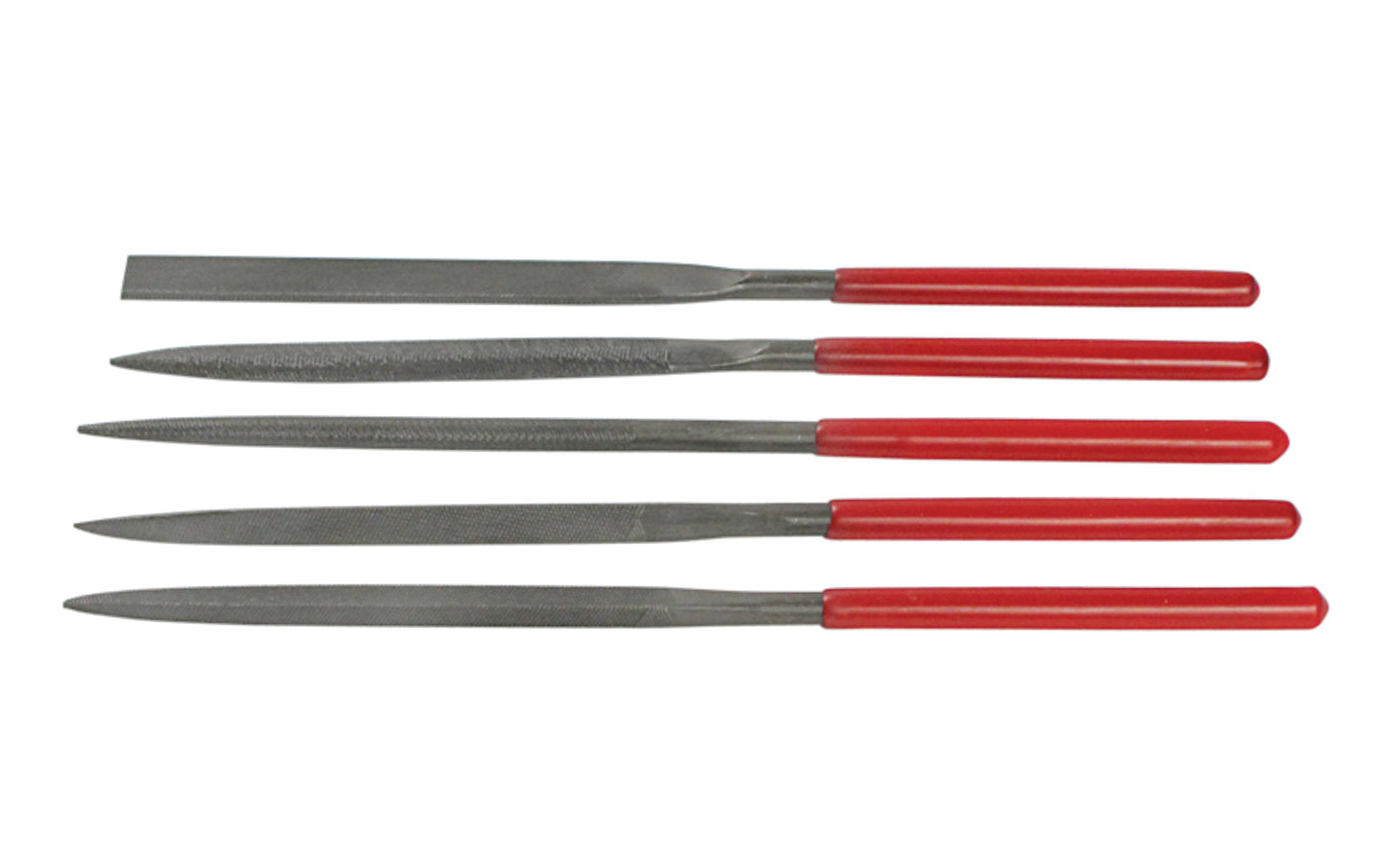 5-PC Medium Cut Needle File Set - 5 mm x 180 mm. Basic & economy-style needle file set. Shapes included in set: Round, Equaling, Half Round, Square, & Three Square. Made of bearing hardened steel. Medium cut - Approx. diameter 5 mm x 180 mm length. Made by SE.