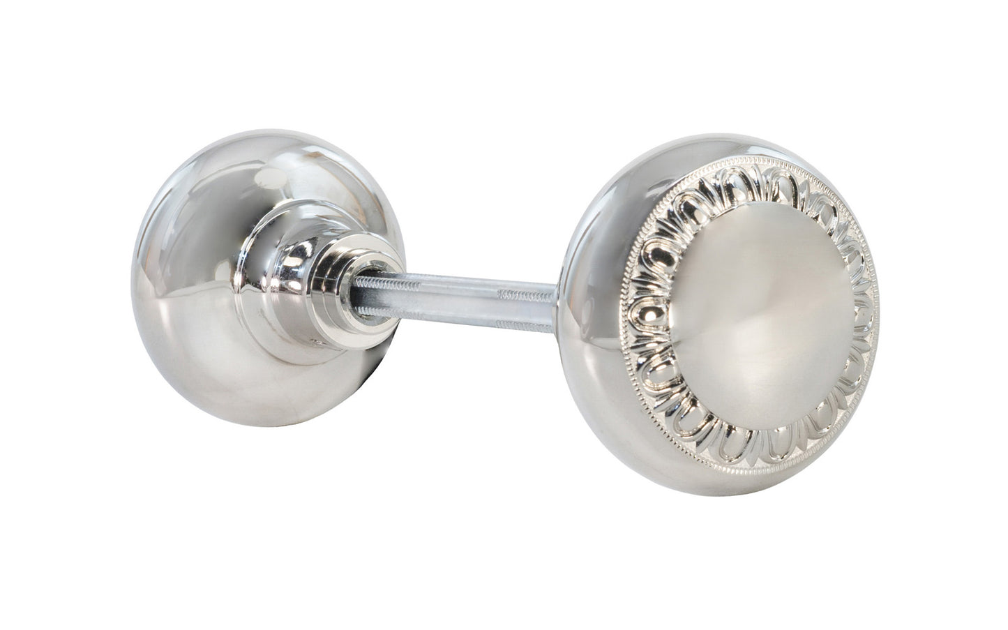 Pair of Solid Brass Core "Eggdart" Doorknobs with spindle. Traditional Solid Brass Doorknob Set. Reproduction Brass Door Knobs. Polished Nickel Finish.