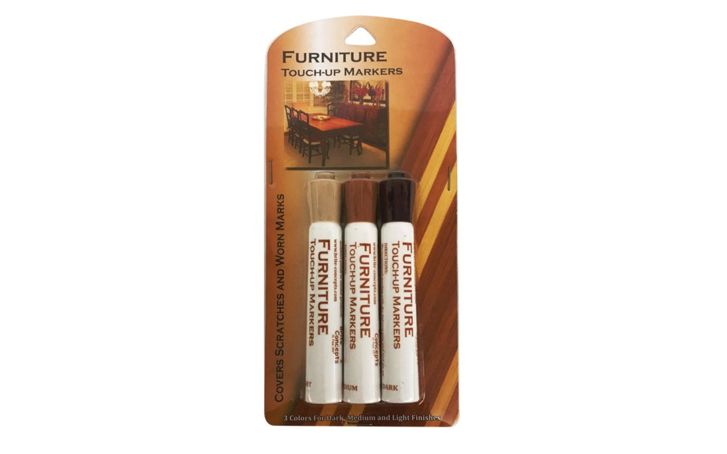 Furniture touch-up markers ideal for covering scratches & worn marks. Tough, colorfast formula dries to the touch in seconds. Includes 3 different colors for dark, medium, & light finishes. Made by Jacent.