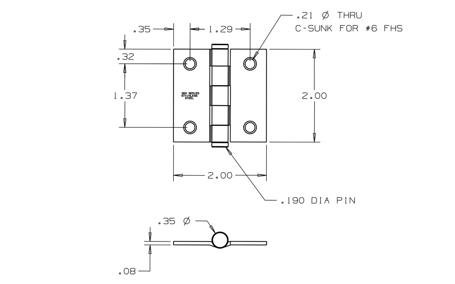 2" Stainless Door Hinges. Stainless steel material, 300 series, for maximum corrosion resistance & heavy-gauge material for added strength. Nob on hinge with square corners. Non-rising pin. 5 knuckle, full mortise design. Screw holes are countersunk. Removable pin. National Hardware Model N276-964. 038613276963.