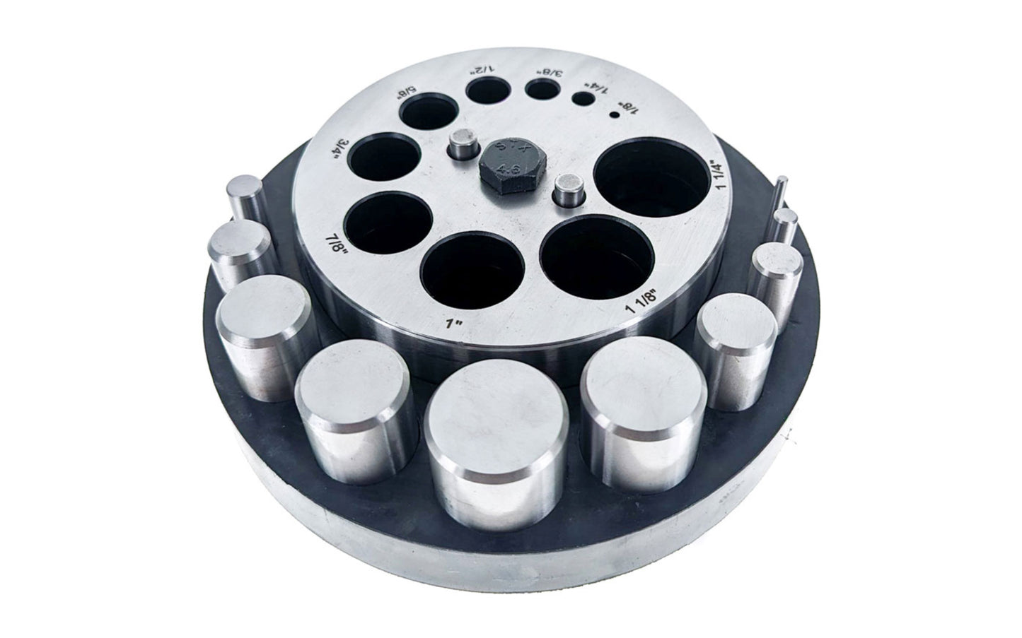 10-PC Locking Disc Cutter Set with Lever Separator. 10 piece disc cutter set. Designed for cutting round shapes with precision and ease. Cuts circles of various sizes: 1/8", 1/4", 3/8", 1/2", 5/8", 3/4", 7/8", 1", 1-1/8", 1-1/4". The disc cutter offers versatility for various jewelry-making projects. Made by SE.