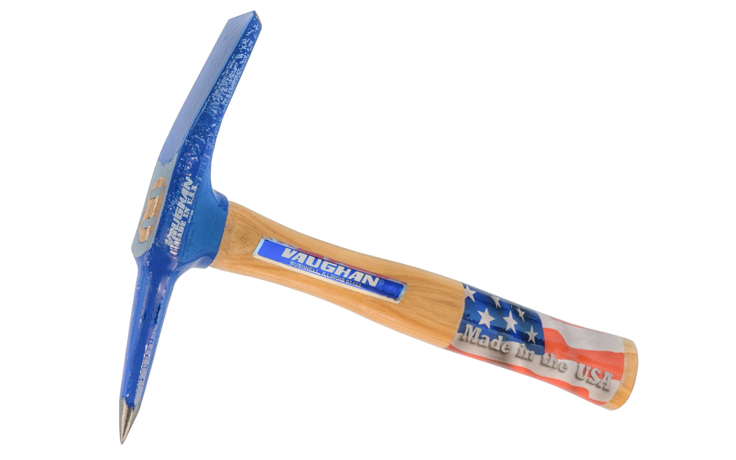 Vaughan 12 oz Chipping Welding Hammer has one end with 1-1/4" blade with back bevel; other end tapers to a point. Hickory handle. Rust-resistant powder coated finish. Made in USA.