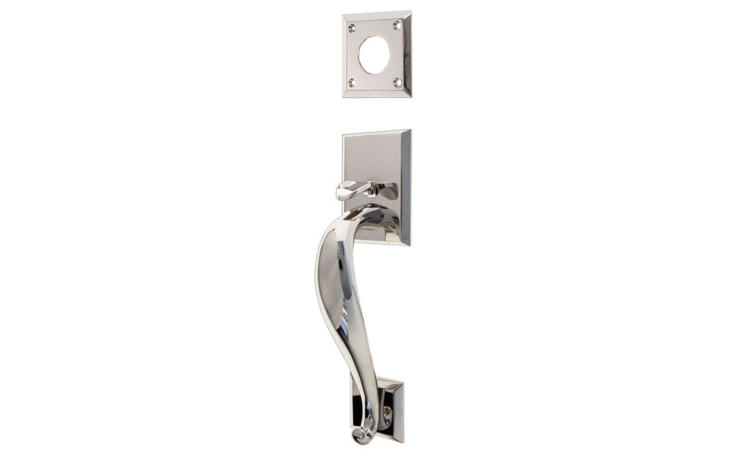 Vintage-style Hardware · A solid brass entrance door handle with thumb piece used on the exterior side of the door to operate an exterior mortise lock. Includes fasteners & a cylinder collar plate. Polished Nickel finish