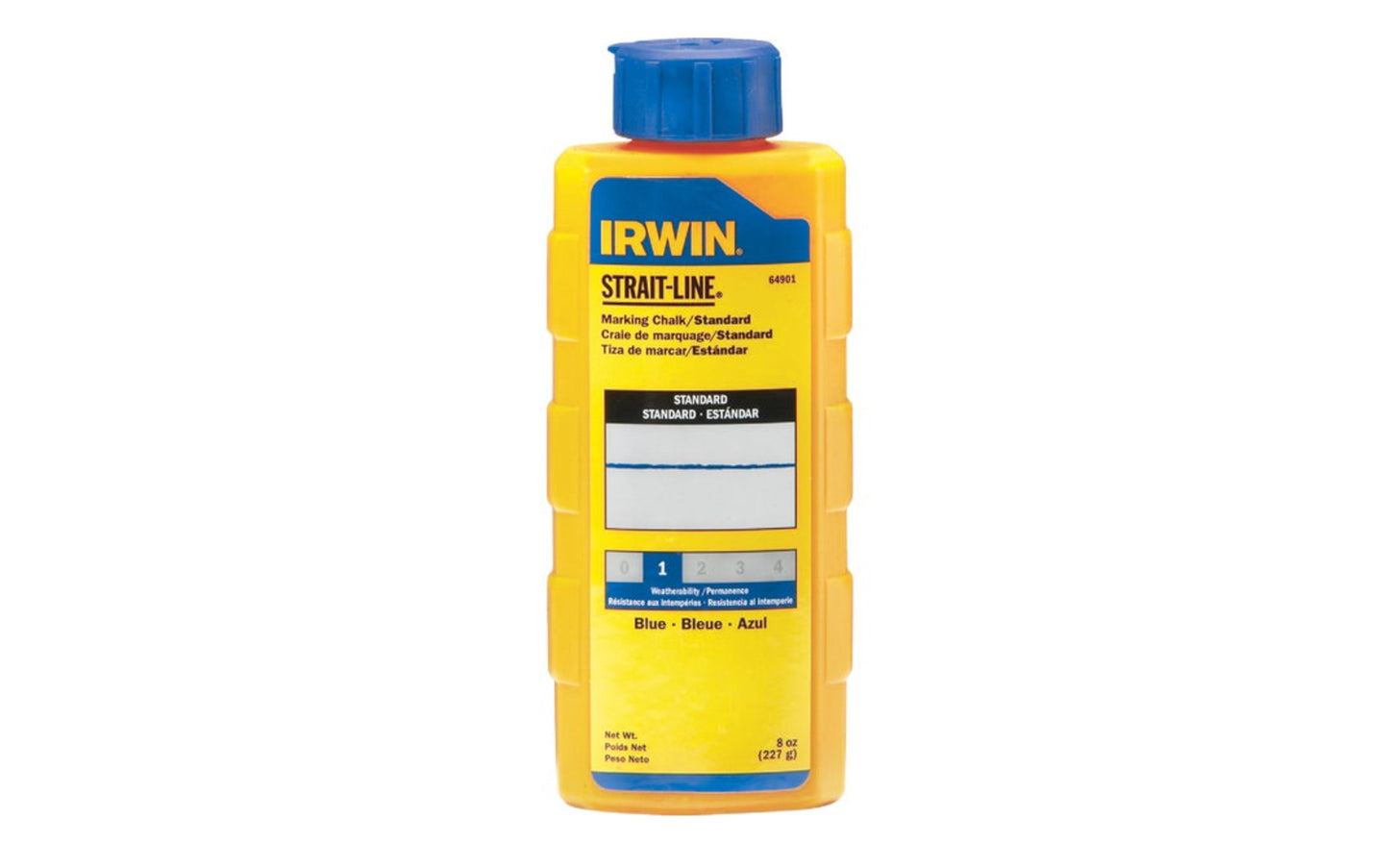 This Irwin Strait-Line 8 oz Standard Blue Marking Chalk is designed for reel type chalk line boxes. Plastic squeeze bottles with fast fill spout. For interior or exterior use on a variety of surfaces including wood, drywall, concrete, stone, & metal. Standard - Marks are temporary. Model No. 64901. Blue color chalk