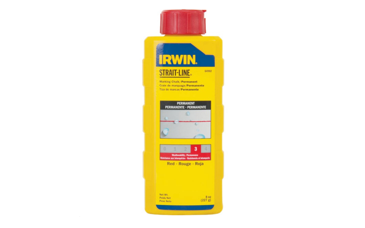 This Irwin Strait-Line 8 oz Permanent Red Marking Chalk is designed for reel type chalk line boxes. Squeeze bottles with fast fill spout. For Exterior use on a variety of surfaces including wood, concrete, stone, & metal. Permanent - Visible after weeks of weather exposure & jobsite wear. Model 64902. Red color chalk