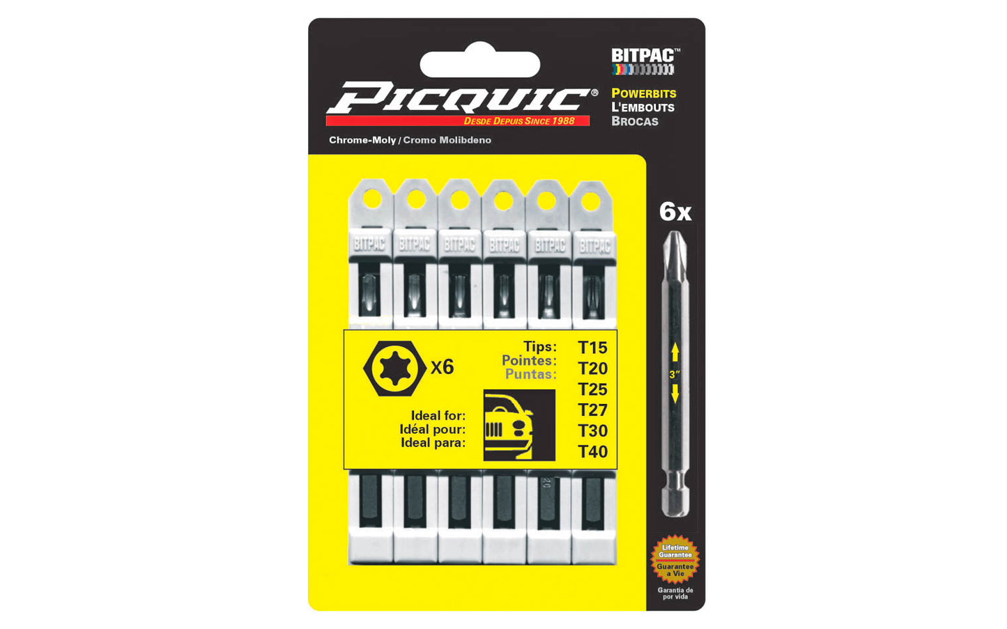 Picquic 6-piece Torx Powerbit Set with sizes T-15, T-20, T-25, T-27, T-30, T-40 Torx drive bits. Replacement bits for Picquic screwdrivers & also good for use in drills & impact drivers. 1/4” hex ball power shank. 057369950033