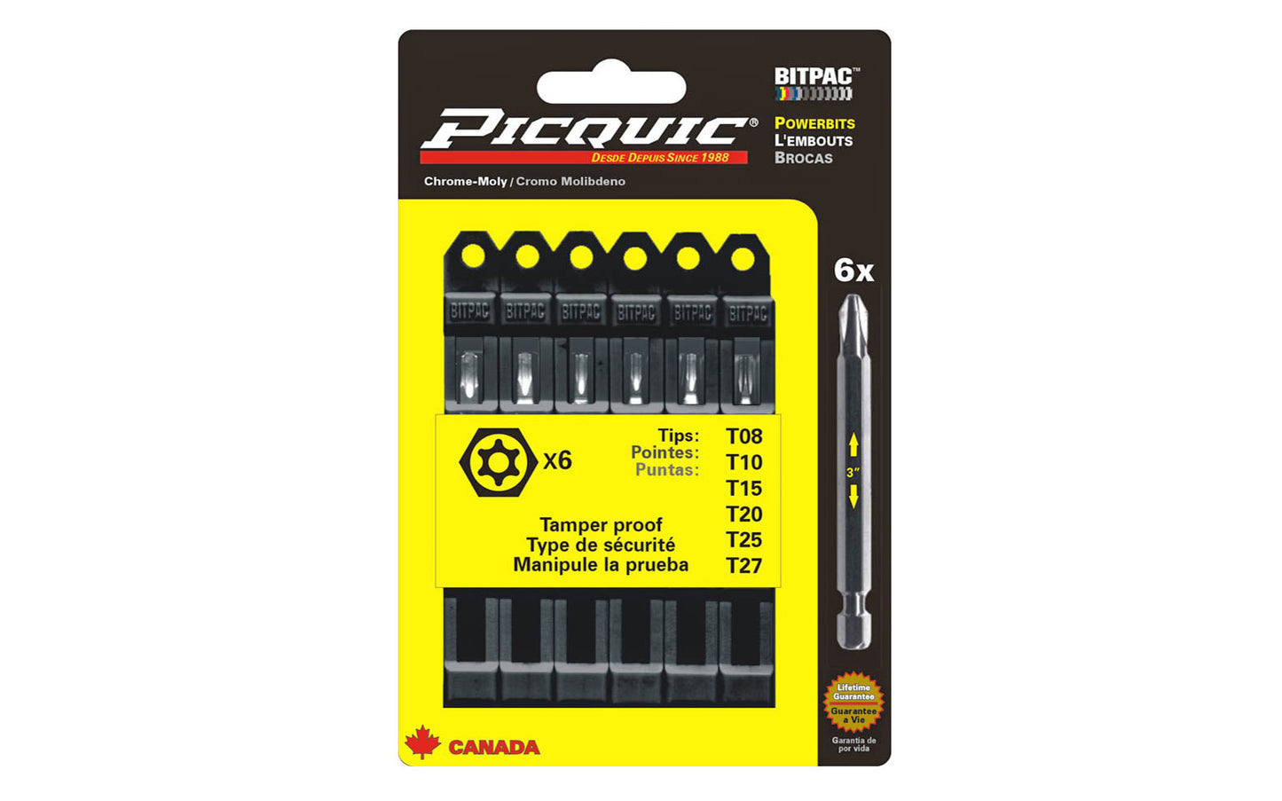 Picquic 6-piece Security Torx Powerbit Set with sizes T-8, T-10, T15, T-20, T-25, T-27 drive bits. Replacement bits for Picquic screwdrivers & also good for use in drills & impact drivers. 1/4” hex ball power shank. 057369950040