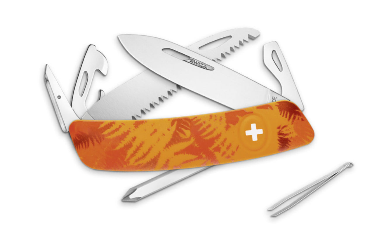 Swiza D06 Fern Orange Swiss Multi-Tool Knife. 3-3/4" closed length. Includes 75 mm blade, saw blade, blade lock, reamer/punch, sewing awl, bottle opener, #3 slotted screwdriver, #1 slotted screwdriver, #1 phillips screwdriver, wire bender, can opener, tweezers. Swiss Army Style Knife. Made in Switzerland.