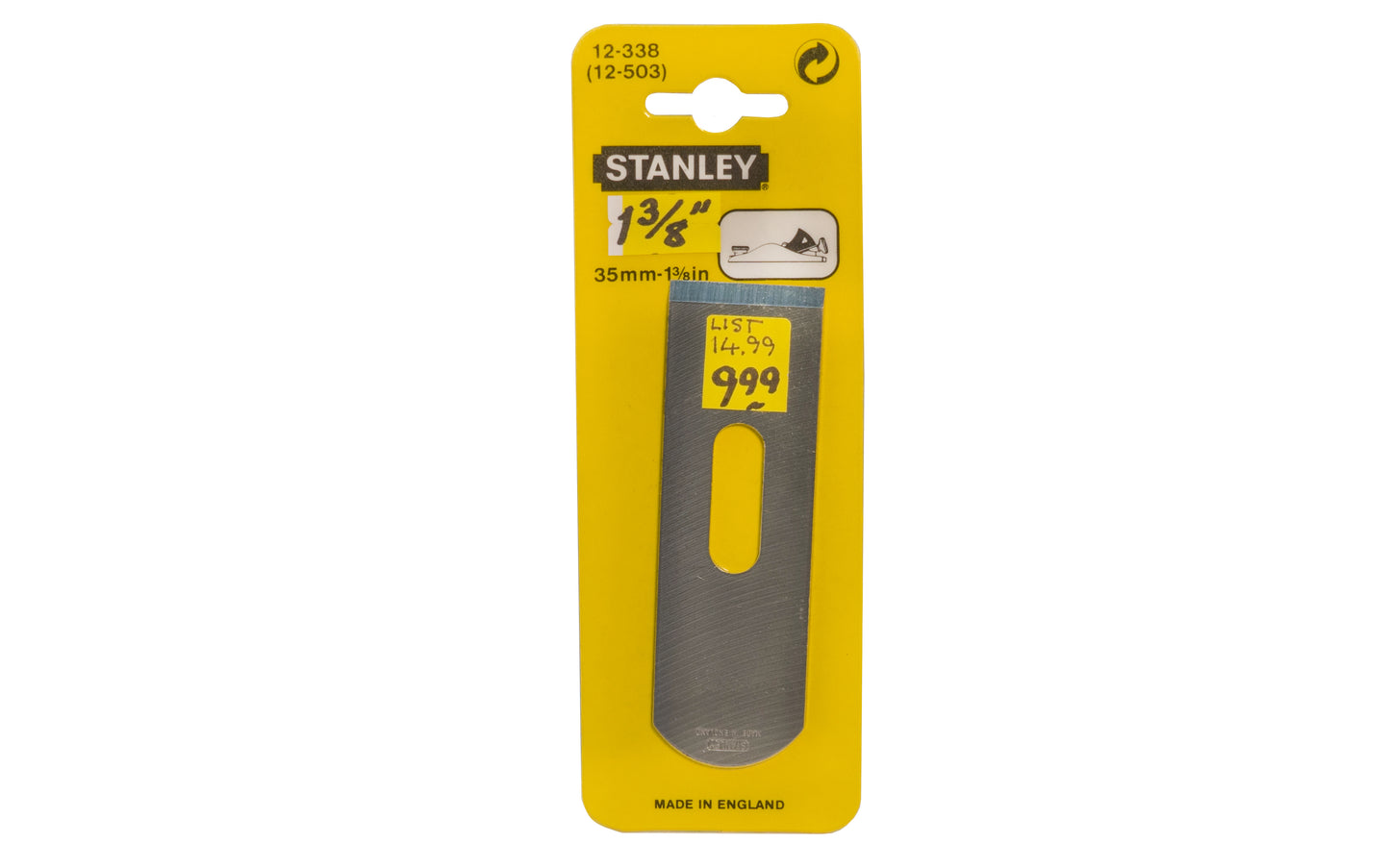 Model 12-503 12-503 ~ 1-3/8" (35 mm) wide cutter blade ~ Hardened, tempered high-carbon chrome steel gives excellent edge retention - Can be honed to a razor-sharp edge ~ Ground to a flat surface ~ Ground edge of 25°; finish with honed angle of 30° is recommended - 076174123388 - Replacement Stanley Iron Blade