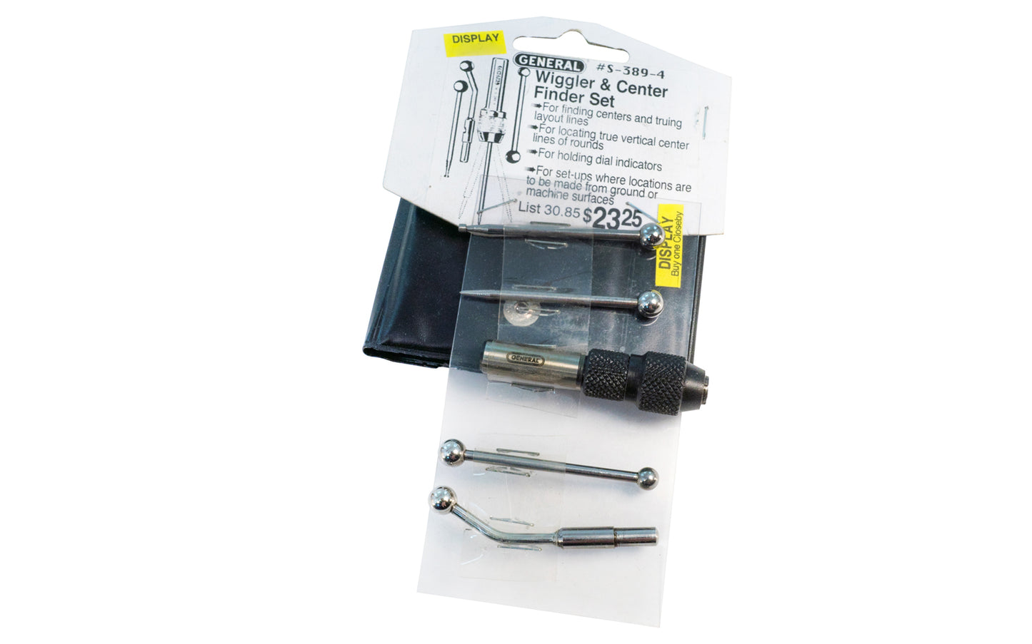 General Tools Wiggler & Center Finder Set. For finding centers & truing layout lines. For locating true vertical center lines of rounds. For holding dial indicators. For set-ups where locations are to be made ground or machine surfaces. Model S-389-4.