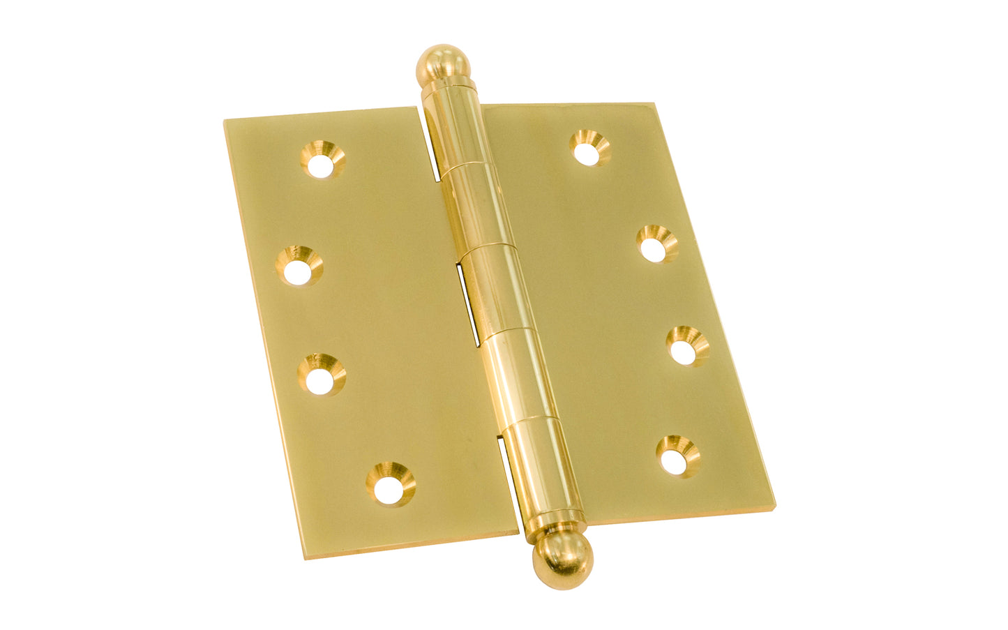 Lacquered solid brass 4" x 4" square corner door hinges with ball tip finial tips. Sold as two hinges in pack and includes fasteners. Lacquered finish on solid brass material. Heavy extruded brass. Made by Ultra Hardware.