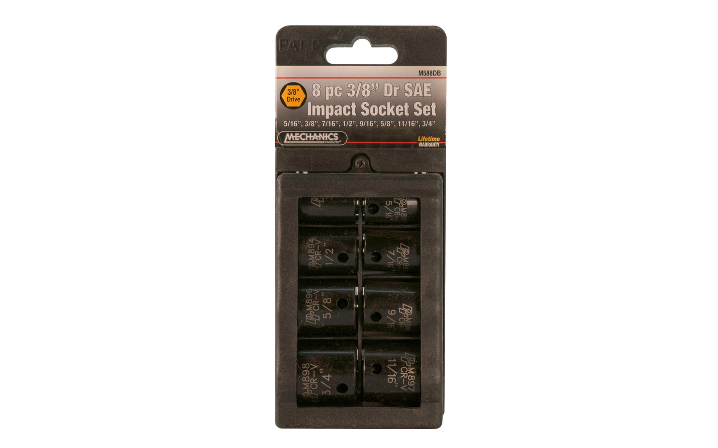 8 PC 3/8" DR SAE Impact Socket Set. Sizes include: 5/16", 3/8", 7/16", 1/2", 9/16", 5/8", 11/16", 3/4" sizes. Model M588DB.