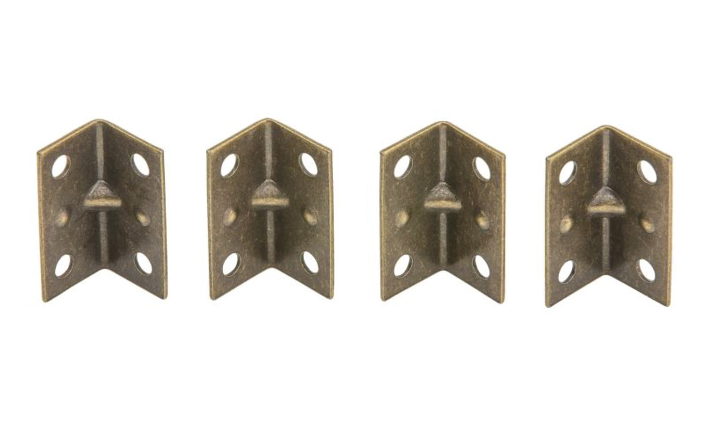1-1/2" x 3/4" Antique Brass Corner Braces - 4 Pack ~ These antique brass corner braces are designed for furniture, countertops, shelving support, etc. Allows for quick & easy repair of items & other home, workshop, & industrial applications. Made of steel material with a antique brass finish. 4 Pack. National Hardware Model No. N226-282. 038613226289.