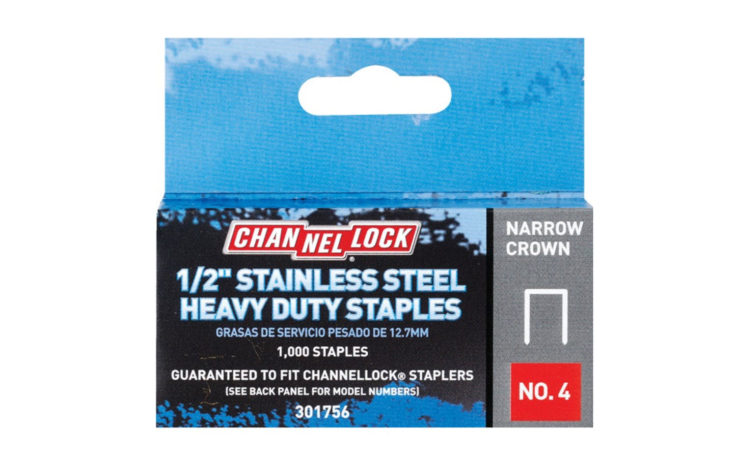 Channellock No. 4 Narrow Crown Stainless Steel 1/2" HD Staples - 1000 Staples. 009326333328. VR11709. Model 301756.