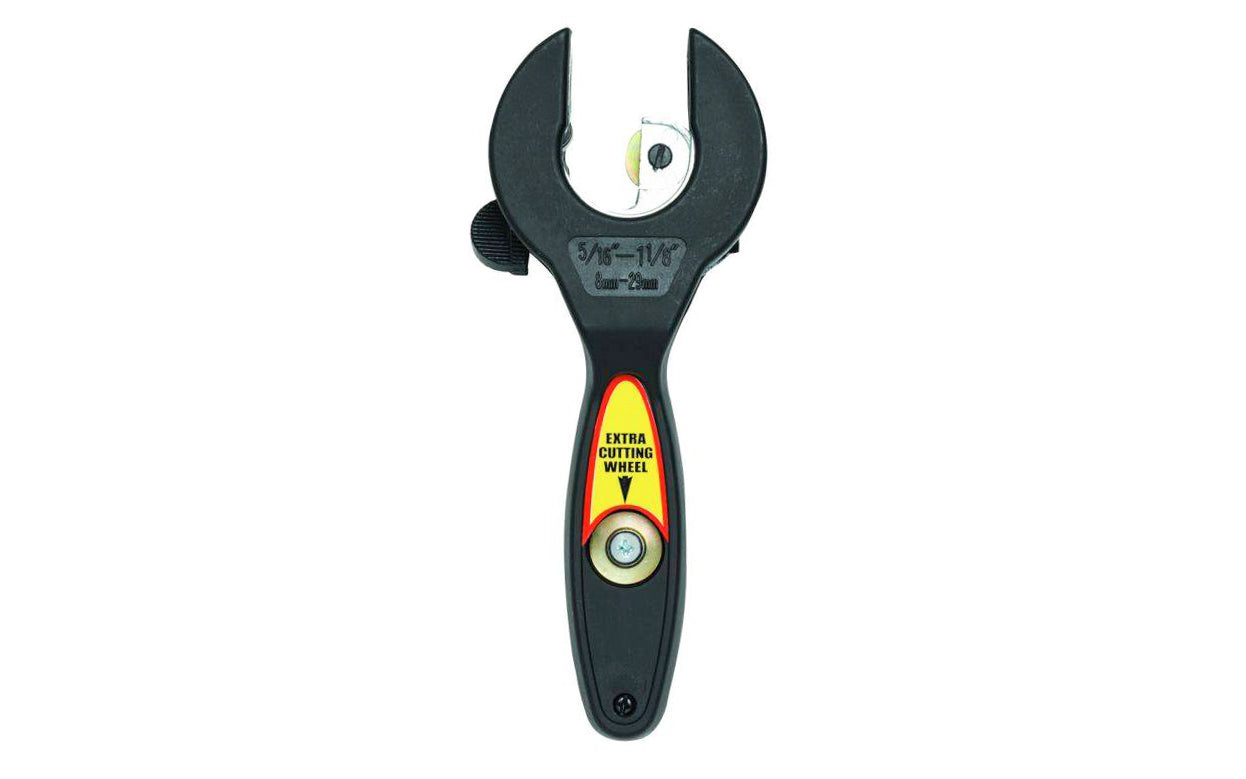 This "E-Z" Ratchet Tubing Cutter by General Tools can slice through copper, aluminum, brass, thin-wall tubing & stainless steel. Ratcheting action rotates cutter around tube. Tubing capacity O.D. range: 5/16" to 1-1/8". Model 133. Ratcheting Tubing Cutter. 038728133007. Ratchet Action Tubing Cutter.