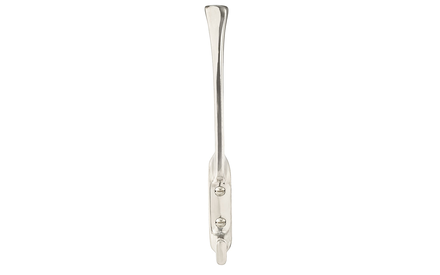 Vintage-style polished nickel finish hall tree hook. Great for kitchens, bathrooms, hallways, hall trees, furniture, bedrooms. Made of solid brass material, the hook is durable for clothing, towels, bags. Bright nickel finish. Timeless classic hook. Mission Style / Arts & Crafts, Craftsman Style. Reproduction Hardware.