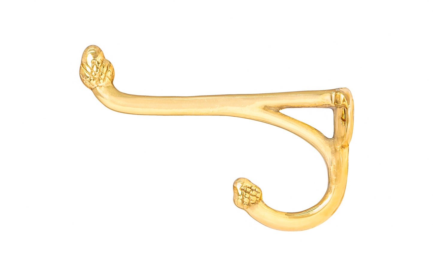 Vintage-style unlacquered solid brass hook with acorn tip. Excellent for use in hallways, hall trees, kitchens, bathrooms. The double hook is made of solid brass material, great for heavy coats & clothing. Designed in the Victorian, Late 19th Century, Early 20th Century style hardware. 3-3/4" projection. Non-lacquered brass