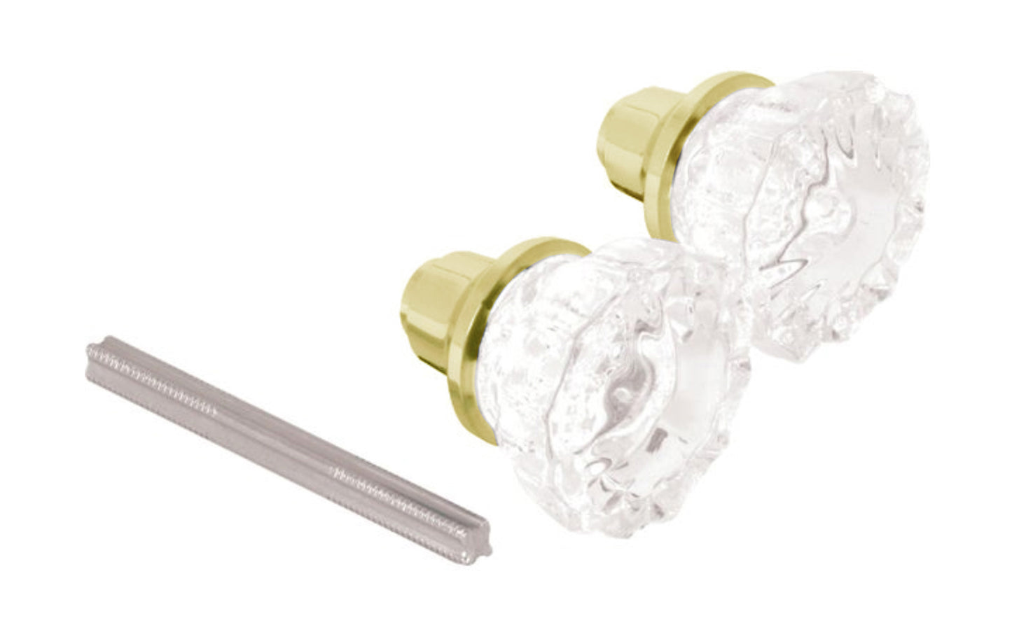 Glass Door Knob Set with Brass Finish. A basic & economy glass doorknob set with lacquered bright brass finish. 2" diameter knob. Fluted knob style. Set includes two knobs & 3-1/2" long spindle. Defender Security Model E 28316.