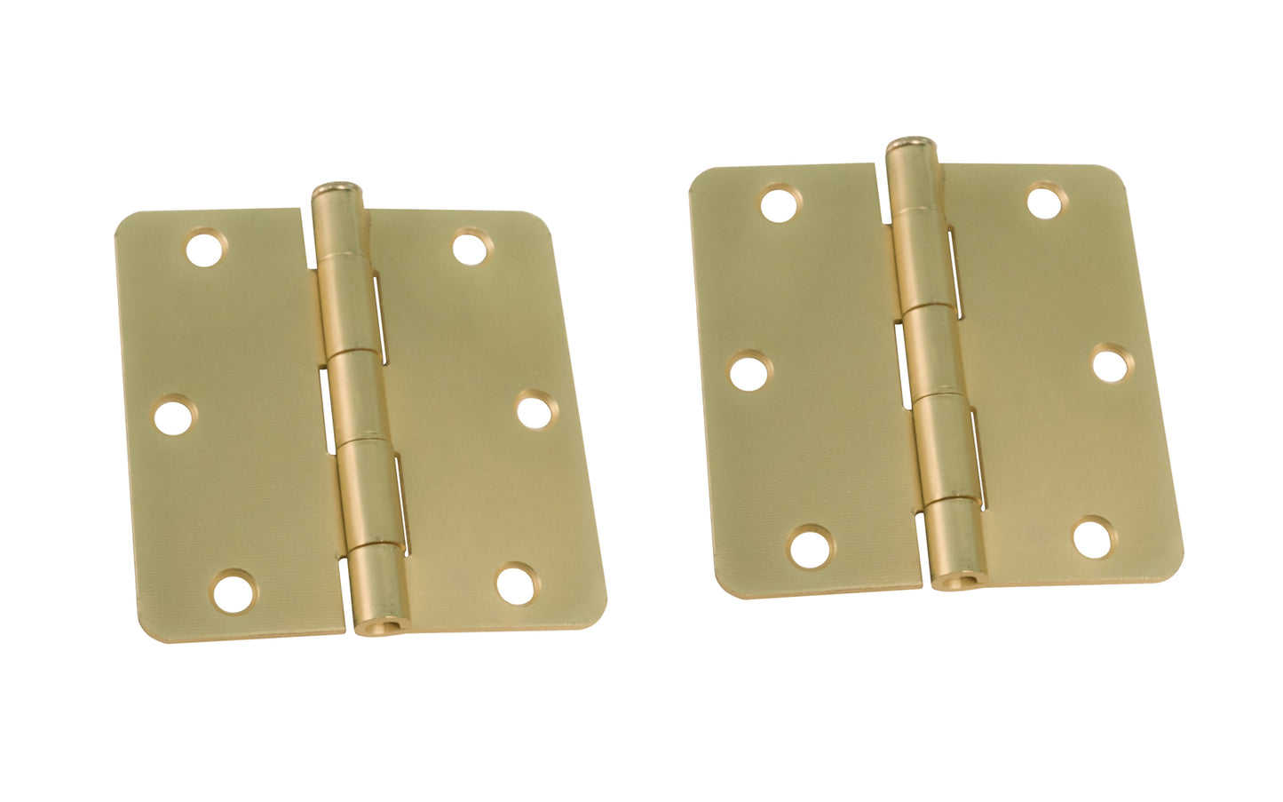 A pair of 3-1/2" Satin Brass Door Hinges with 1/4" radius corners & a removable pin. Satin Brass finish on steel material. Countersunk holes. Includes flat head screws. 3-1/2" x 3-1/2" door hinge size. Five knuckle, full mortise design. Ultra Hardware No. 35217.