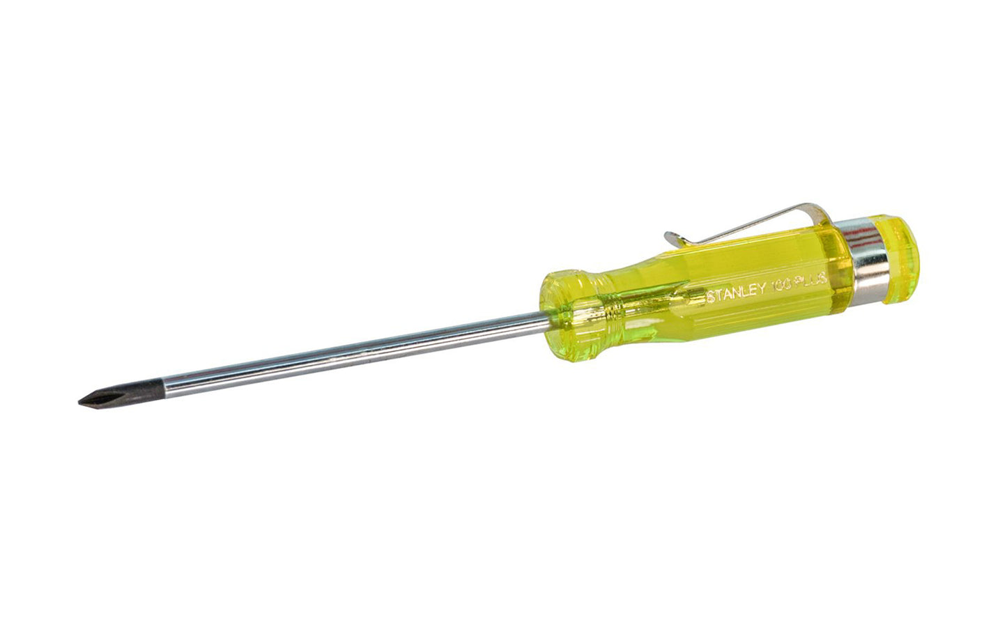 Stanley "100 Plus" No. 0 Phillips Small Screwdriver. Model 64-170-A. Screwdriver has magnetic black oxide tip allows secure grip on fasteners. Precision cold formed tips provide high torque performance. 100% acetate handle stands up to heavy use. #0 Phillips Stanley Screwdriver. 2" long blade