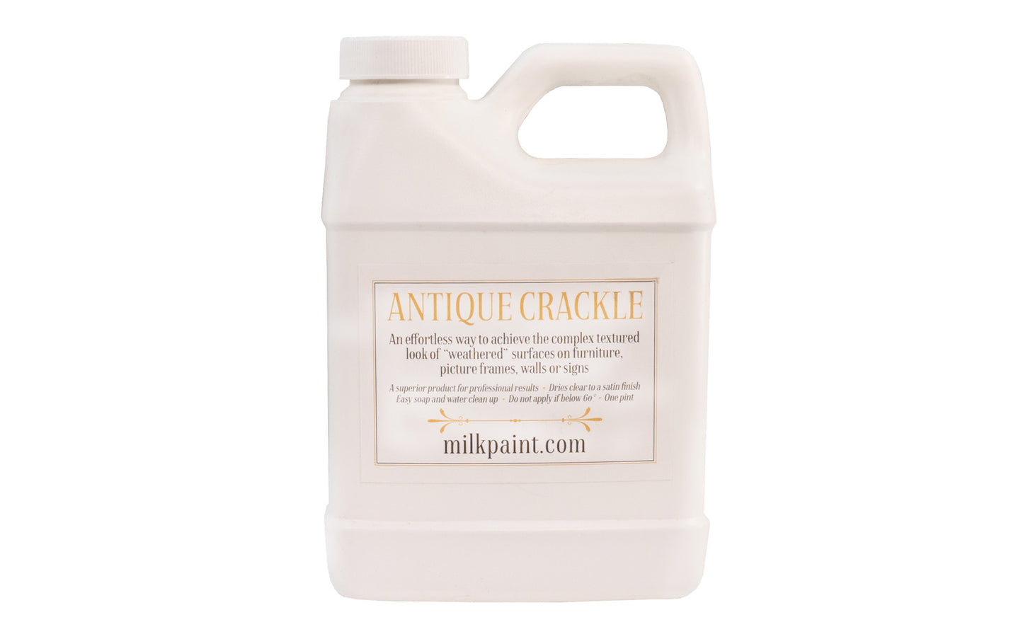 Antique crackle is designed to give a complex textured look of "weathered" surfaces on furniture, picture frames, walls, or signs. Dries to a clear satin finish. This natural gelatin product is brushed on before final coat of paint for an instant “alligator” or crackled look. Non-toxic. FDA approved mildewcide. Pint.