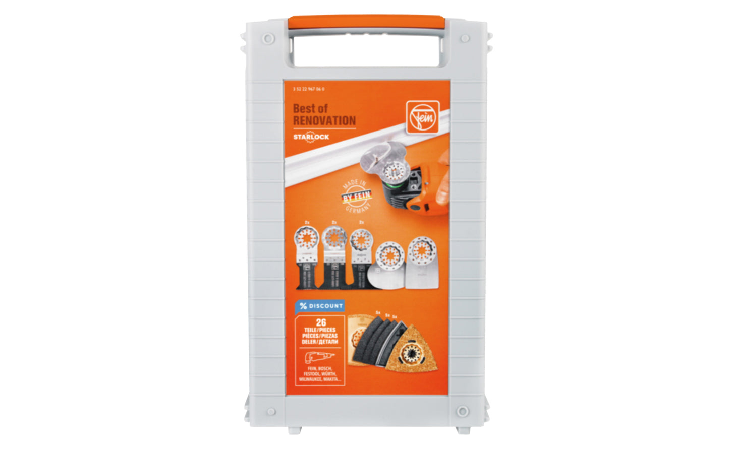 Fein Tools "Best of Renovation" 26-piece accessory set for all your renovation work. Suitable for all Fein MultiTools & all other commercially available multi-tools with the Starlock mount. Includes a practical plastic storage box. 26 pieces in kit. Made in Germany. Model No. 35222967060. 4014586440507