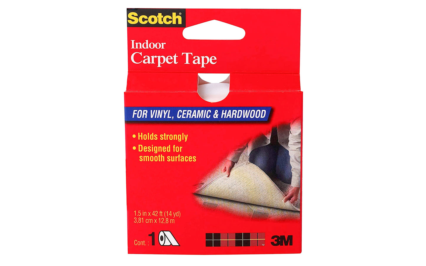 3M Scotch Indoor Carpet Tape for Hardwood, Vinyl, & Ceramic 1.5" x 42". For Hardwood, Vinyl, & Ceramic. Designed for smooth surfaces. 076308498740. Model CT2010.