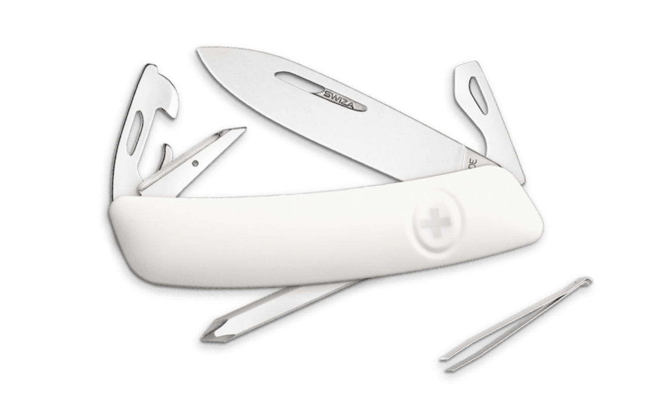Swiza D04 White Swiss Multi-Tool Knife. 3-3/4" closed length. Includes 75 mm blade, blade lock, reamer/punch, sewing awl, bottle opener, #3 slotted screwdriver, #1 slotted screwdriver, #1 phillips screwdriver, wire bender, can opener, tweezers. Swiss Army Style Knife. Made in Switzerland.