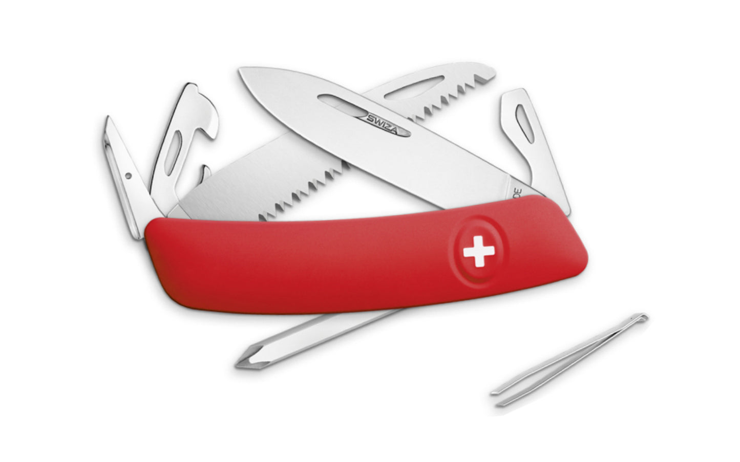 Swiza D06 Red Swiss Multi-Tool Knife. 3-3/4" closed length. Includes 75 mm blade, saw blade, blade lock, reamer/punch, sewing awl, bottle opener, #3 slotted screwdriver, #1 slotted screwdriver, #1 phillips screwdriver, wire bender, can opener, tweezers. Swiss Army Style Knife. Made in Switzerland.