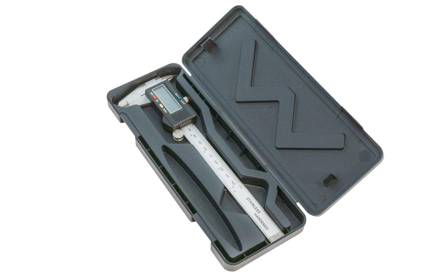 A handy digital caliper with a stainless metal body that displays three universal measurement systems; it is very useful when trying to convert between systems. It can measure inside, outside, depth, & step measurements. Resolution: 0.0005", 0.01 mm, 1/64" display. Includes protective case