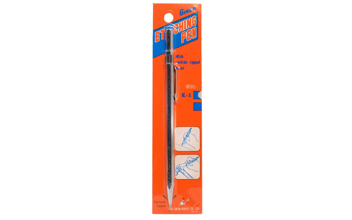 This carbide tipped Japanese pocket etching pen is a versatile tool that can be used in woodworking, metal marking, scratching, scribing, ceramics, plastics, & other uses. Good grip & a carbide tip. Great for machinists, engravers, mechanics & craftspeople. Model E-1 - Giken Kogyo, Co. LTD. Made in Japan. Giken Tool