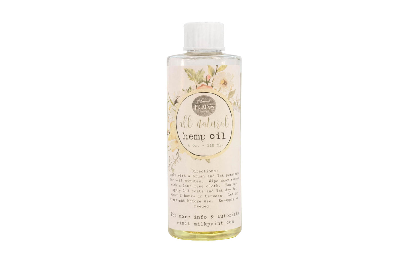Sweet Pickins Hemp Oil is all natural & is perfect for sealing milk/ chalk painted pieces or reviving tired & dry wood. Hemp oil penetrates into the surface & provides a protective water resistant surface from the inside out. Sweet Pickins hemp oil is 100% natural, food safe, VOC free. Completely pure hemp oil.