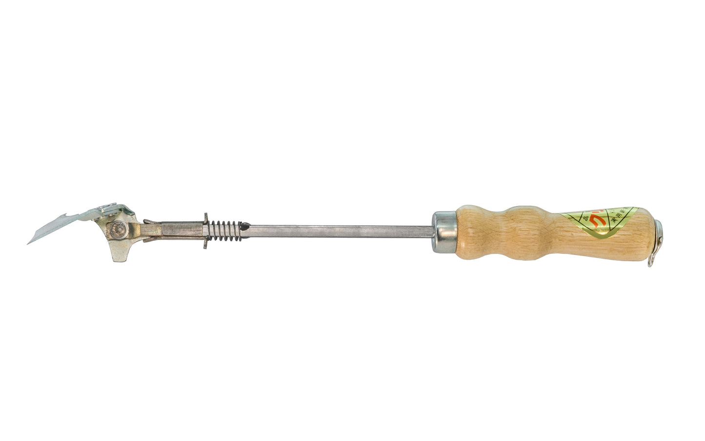 Japanese hand weeder that adjusts to an angle position (65°) & flat position (152°). High carbon steel, the blade of this weeder hoe cuts grass, slices through dirt & cuts off roots. Sickle teeth grabs & slices loose grass. Multi-purpose combination weeder: Hand hoe, scraper, sickle, & root cutter. Made in Japan.