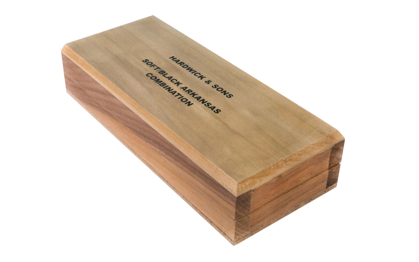 The Soft/Black Hard Arkansas Bench Stone with Wooden Box ~ 6" x 2"' (Model MBC-6-C) has the Black Hard & Soft Arkansas Stone laminated together. Made in USA.