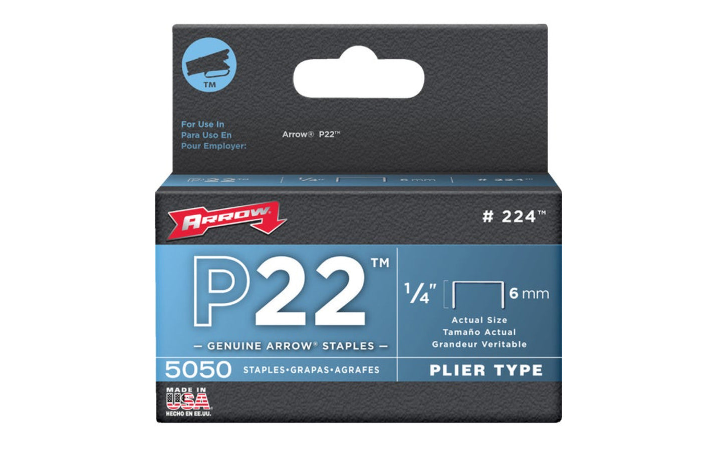Arrow P22 Plier Type 1/4" Staples - 5050 PK staples are designed specifically for stapling paper. The P22 staple is specially designed to fit the Arrow P22 plier stapler. 1/4" (6 mm). Item No. 224. 1000 staples in pack. 079055022145