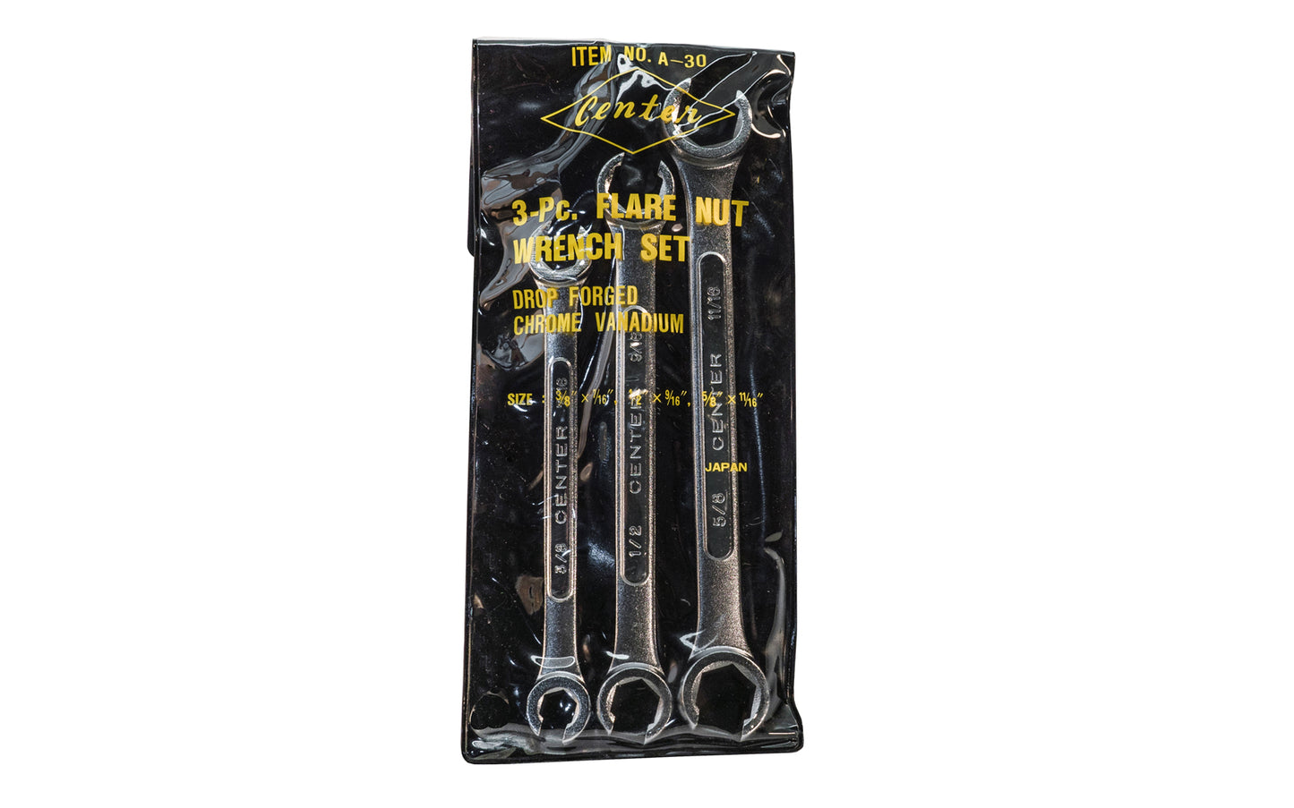 Made in Japan. 3-piece SAE flare nut wrench set offers a size range from 3/8" to 11/16". Designed to grip all six sides of a nut. Great for use on hex nuts made of softer materials. Great for brake line nuts & fittings. Wrench sizes include: 3/8" x 7/16", 1/2" x 9/16", 5/8" x 11/16". Standard Flare Nut Wrench Set