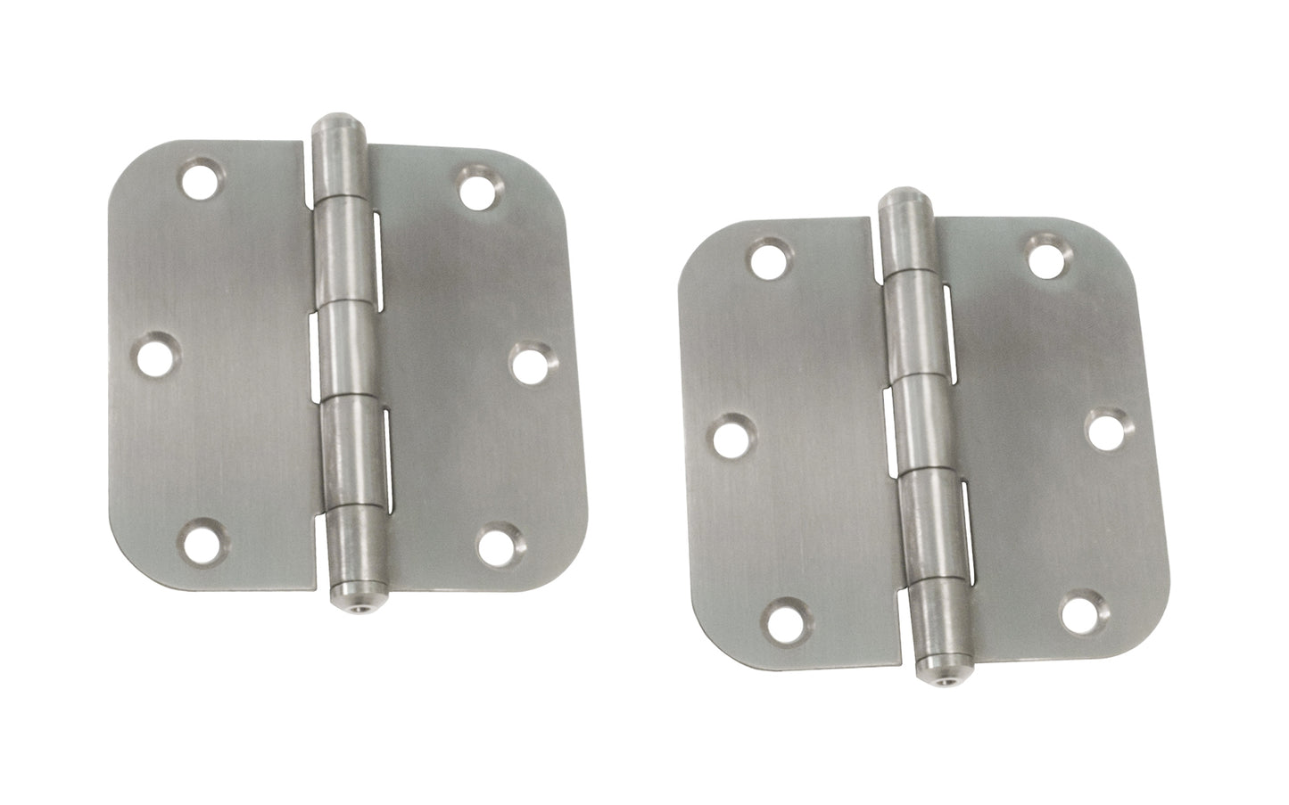A Pair of 3-1/2" Stainless Finish Door Hinges with 5/8" corner radius. Satin stainless finish color on steel material. Sold as a pair of hinges. Fixed pin. Ultra Hardware No. 35045.