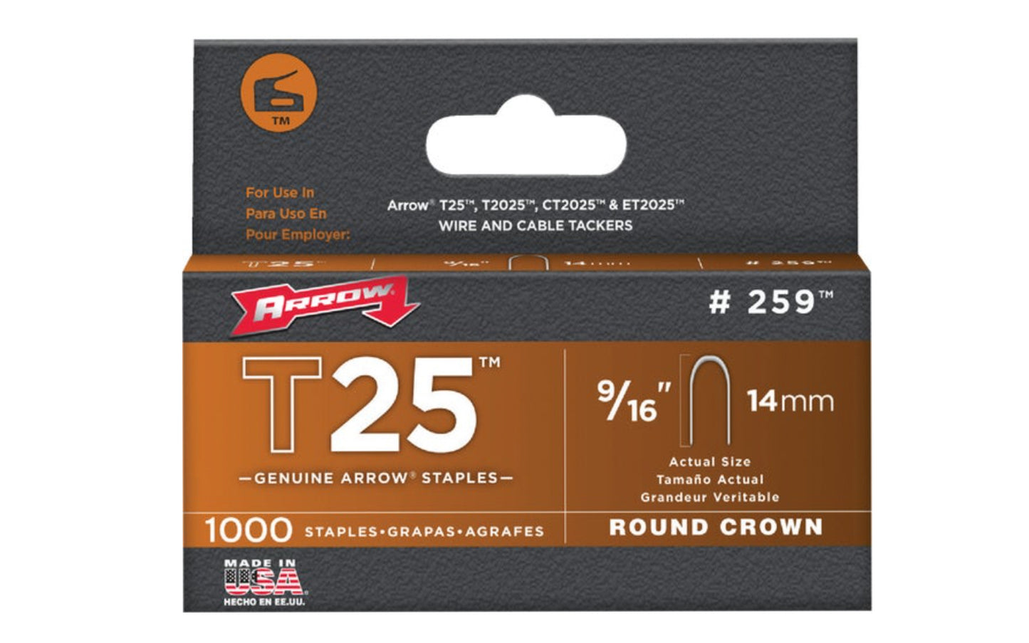 Arrow T25 Round Crown Cable 9/16" Staples - 1000 PK. Fits wire up to 1/4" diameter. Good for CAT 5, Telephone Wiring, Speaker Wire. Designed & assembled in USA. 079055259169
