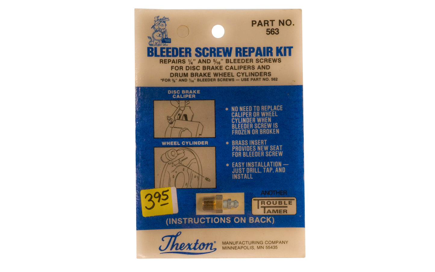Thexton Bleeder Screw Repair Kit. Part No. 563. Thexton Manufacturing Company, Minneapolis MINN.