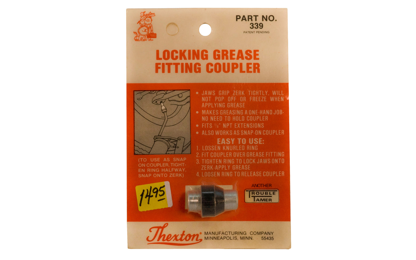 Thexton Locking Grease Fitting Coupler. Part No. 339. Thexton Manufacturing Company, Minneapolis MINN.